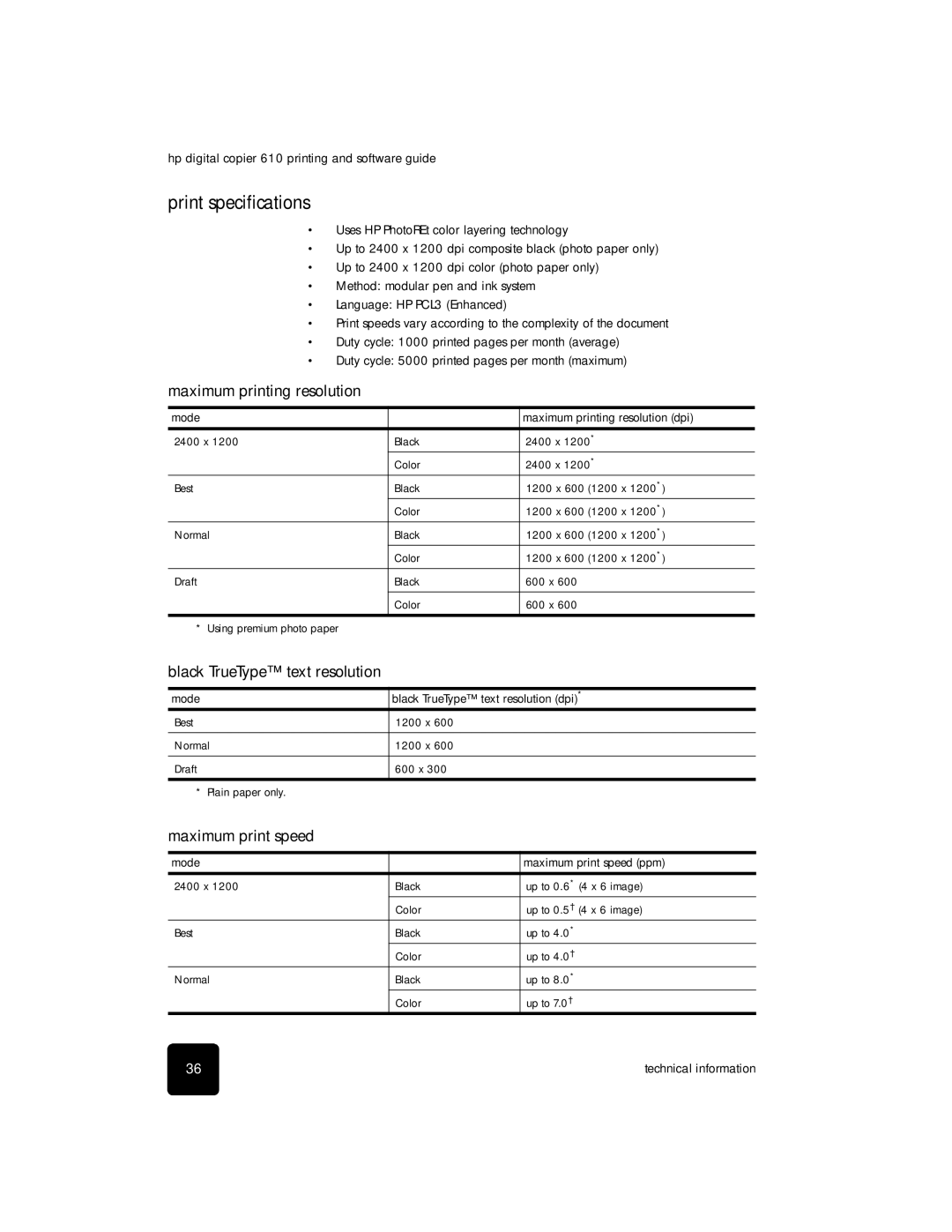 HP 610 Copier manual Print specifications, Maximum printing resolution, Black TrueType text resolution, Maximum print speed 