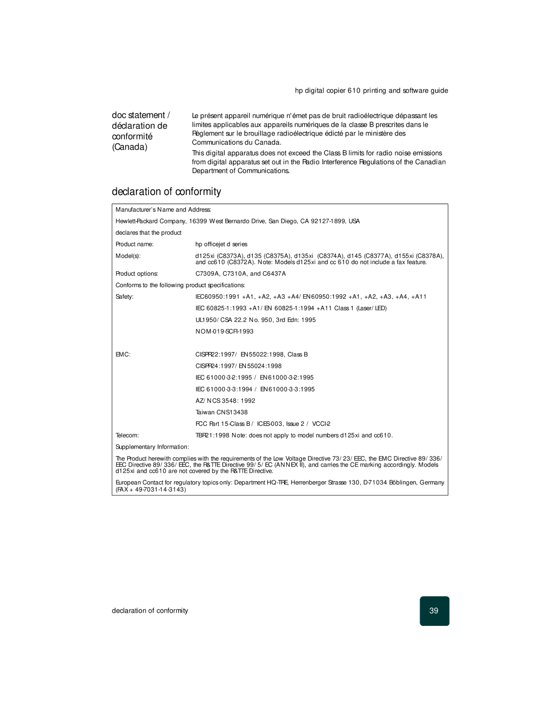 HP 610 Copier manual Declaration of conformity, Doc statement / déclaration de conformité Canada 