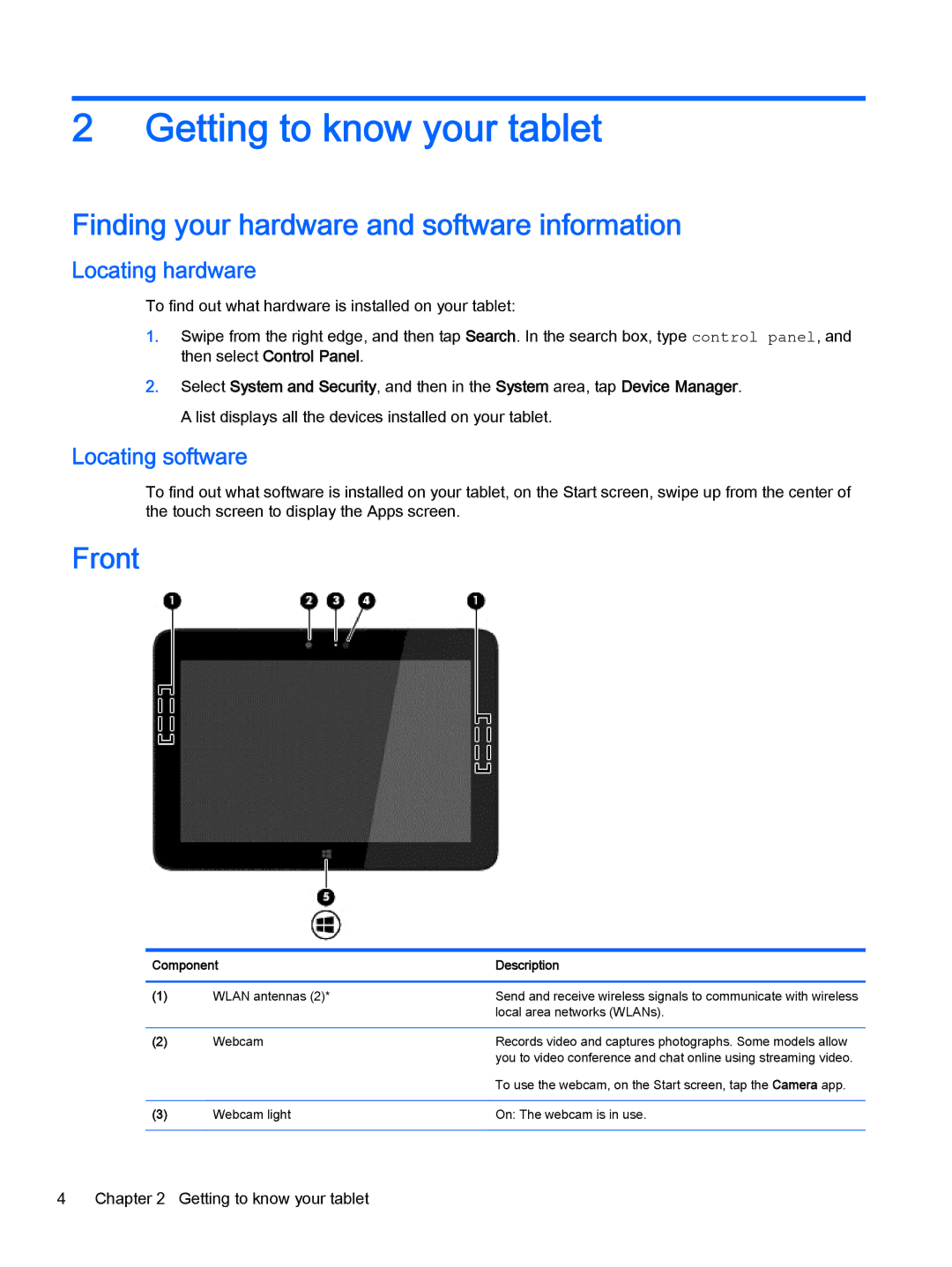 HP 610 G1 manual Getting to know your tablet, Finding your hardware and software information, Front, Locating hardware 