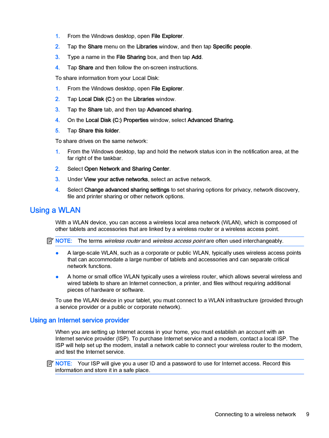 HP 610 G1 manual Using a Wlan, Using an Internet service provider 