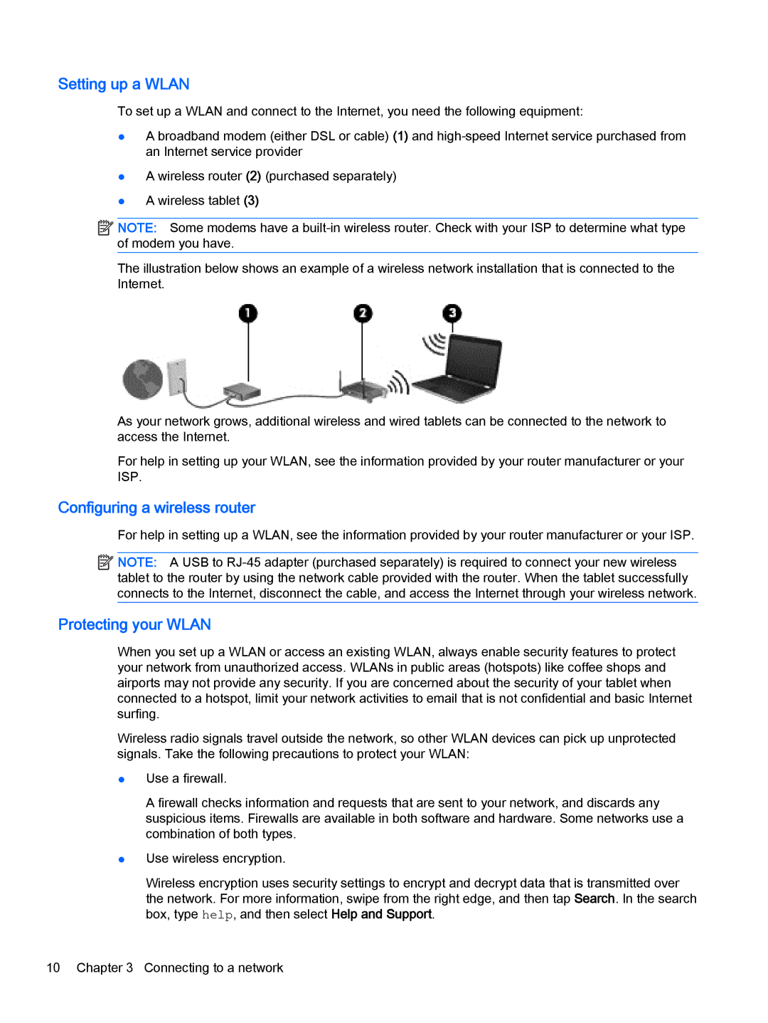 HP 610 G1 manual Setting up a Wlan, Configuring a wireless router, Protecting your Wlan 