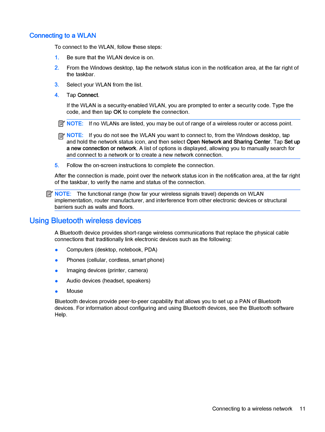 HP 610 G1 manual Using Bluetooth wireless devices, Connecting to a Wlan 