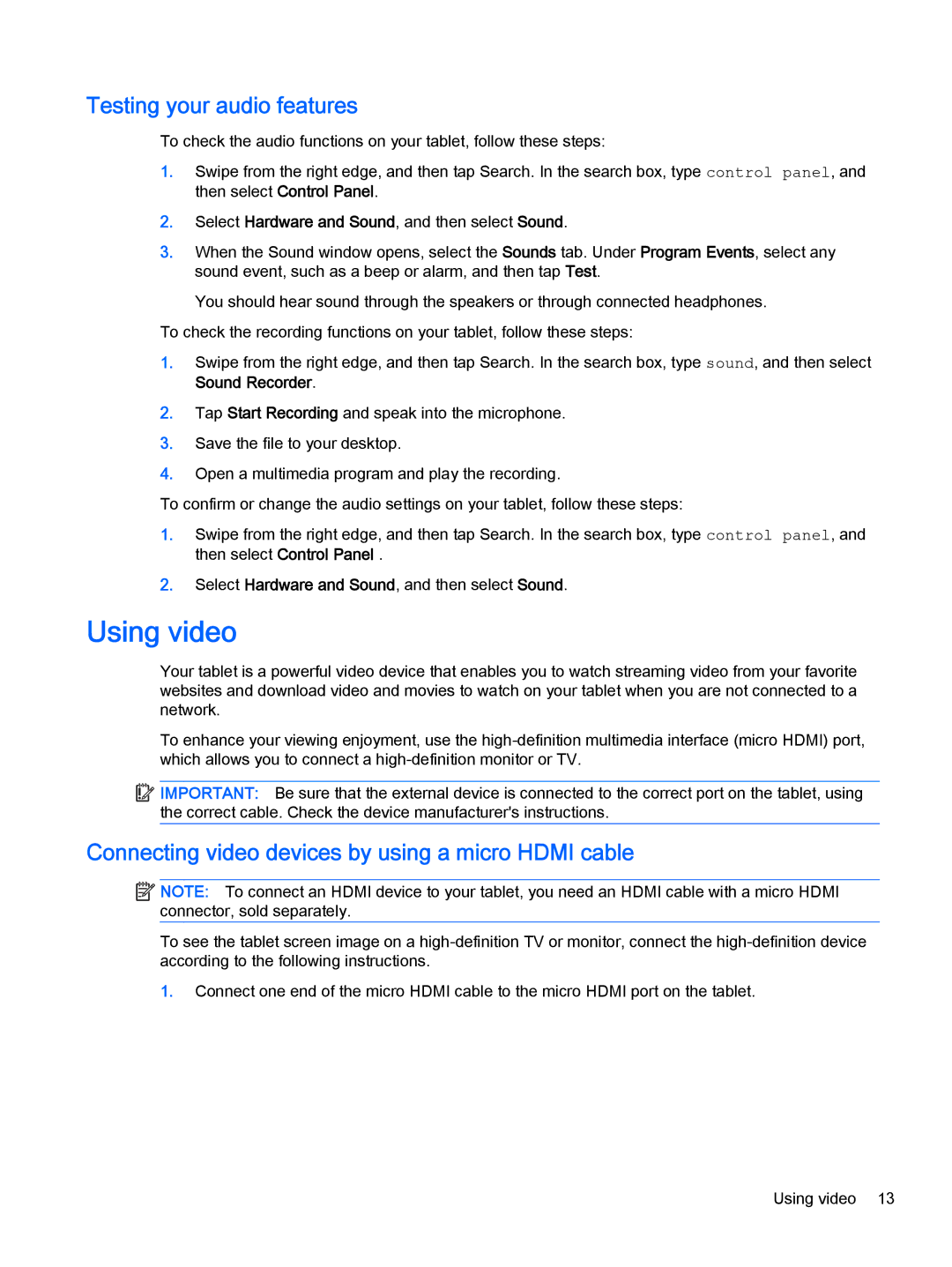 HP 610 G1 manual Using video, Testing your audio features, Connecting video devices by using a micro Hdmi cable 