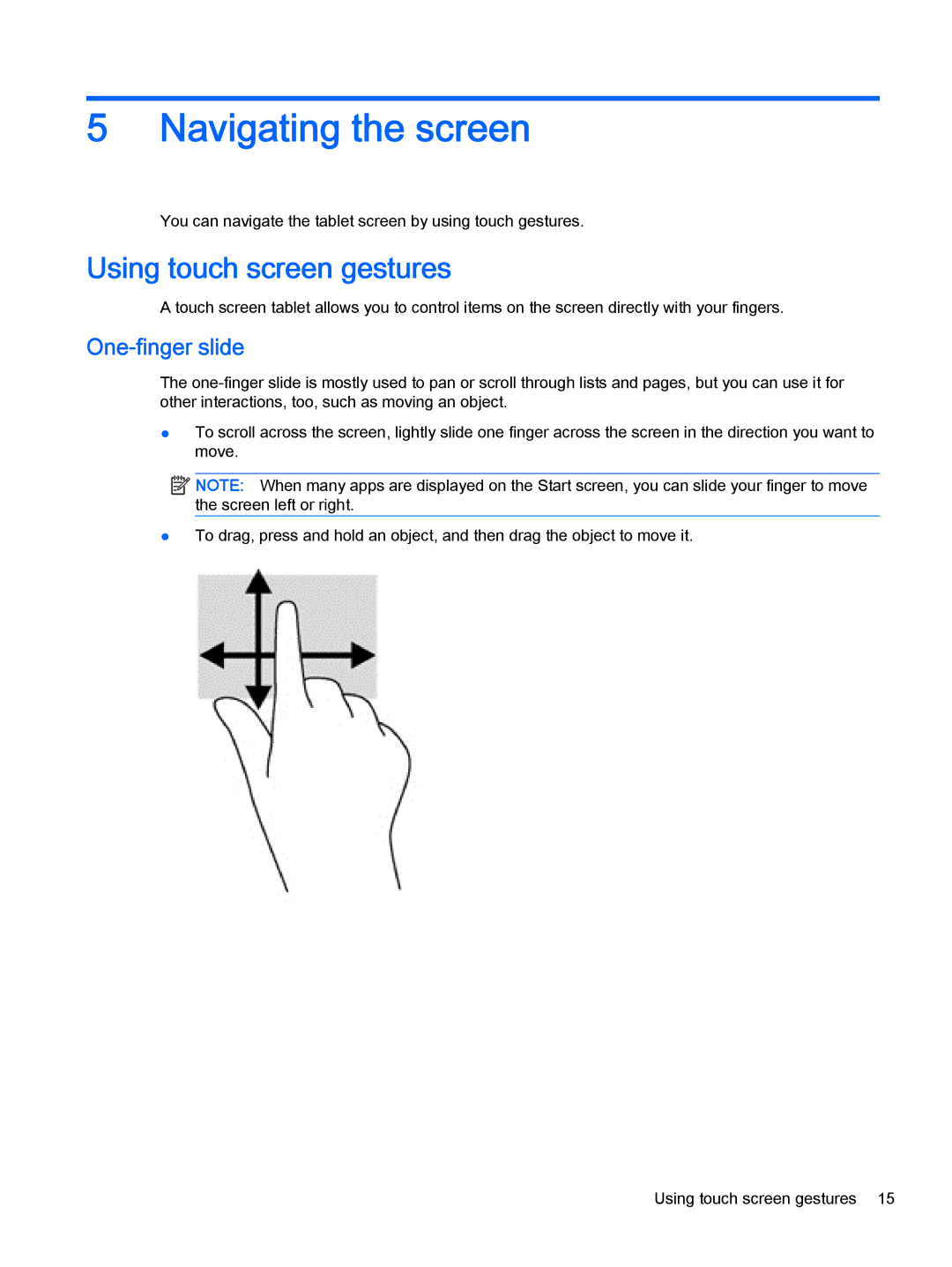 HP 610 G1 manual Navigating the screen, Using touch screen gestures, One-finger slide 