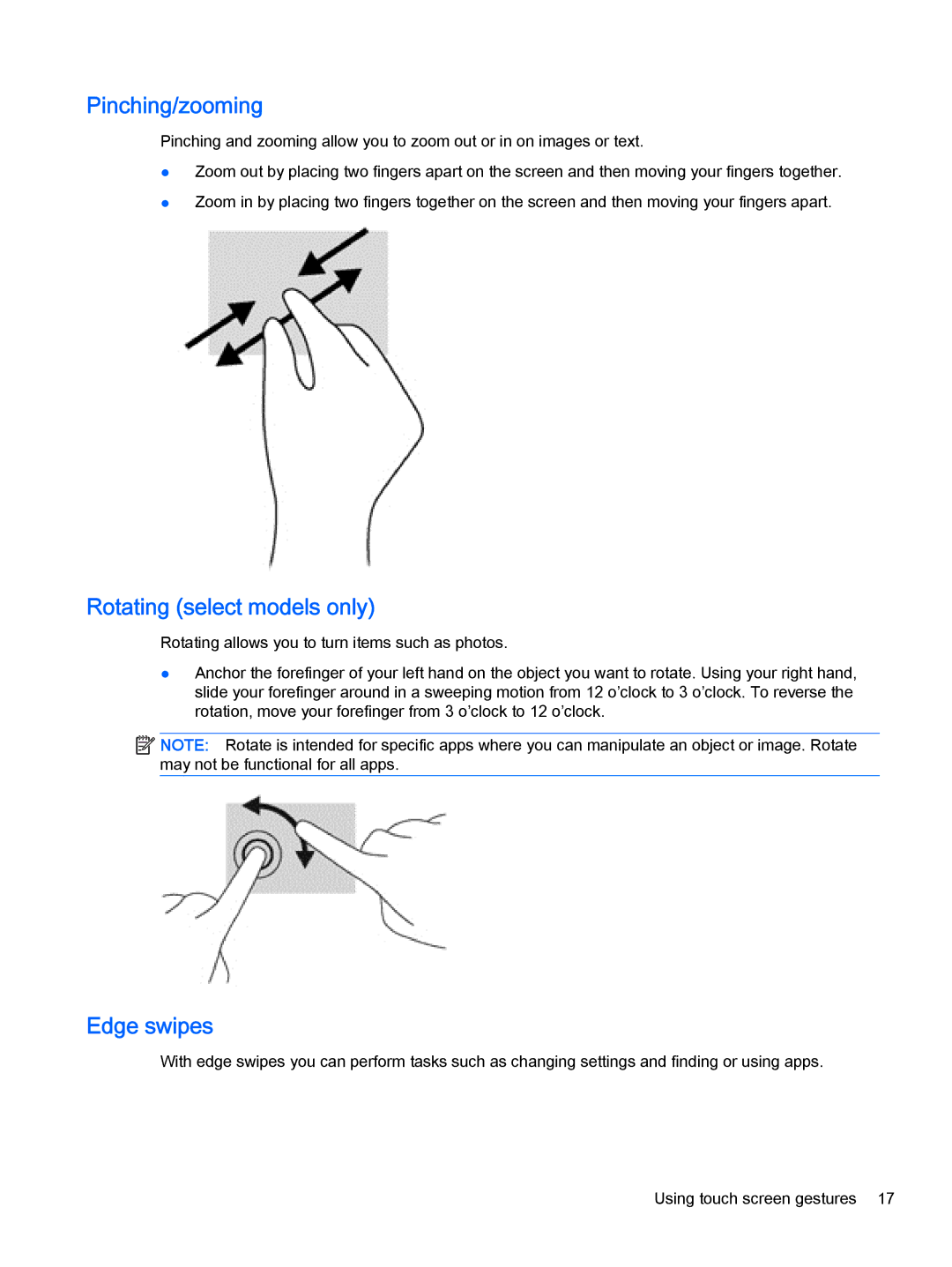 HP 610 G1 manual Pinching/zooming, Rotating select models only, Edge swipes 
