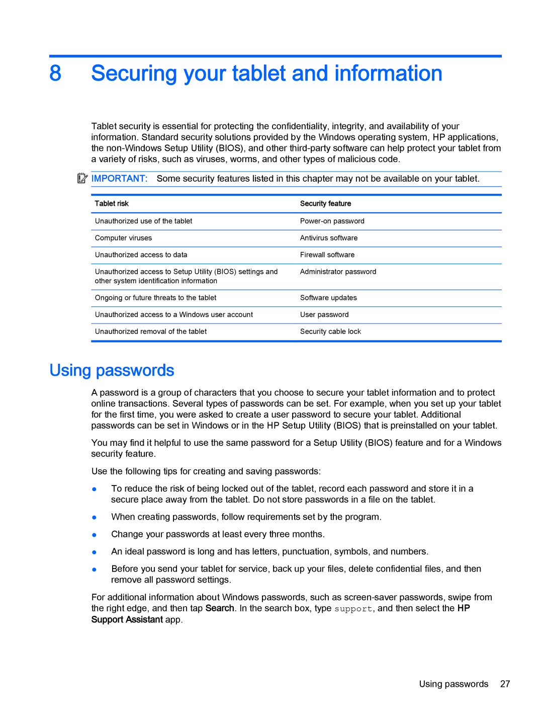 HP 610 G1 manual Securing your tablet and information, Using passwords 