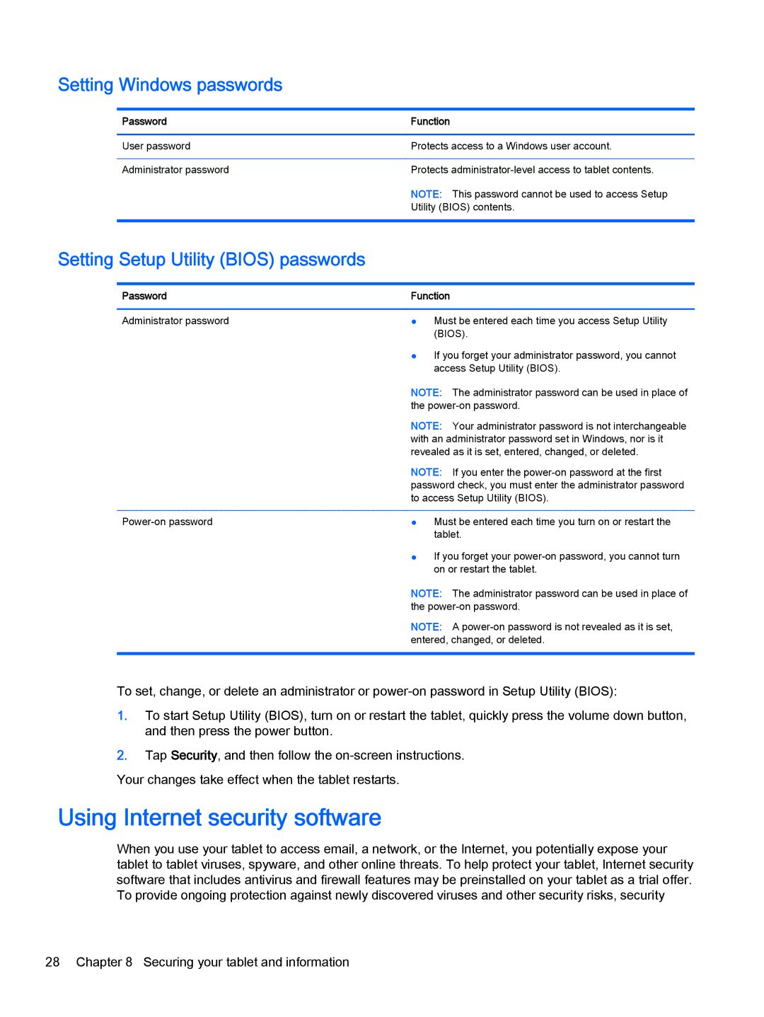 HP 610 G1 manual Using Internet security software, Setting Windows passwords, Setting Setup Utility Bios passwords 