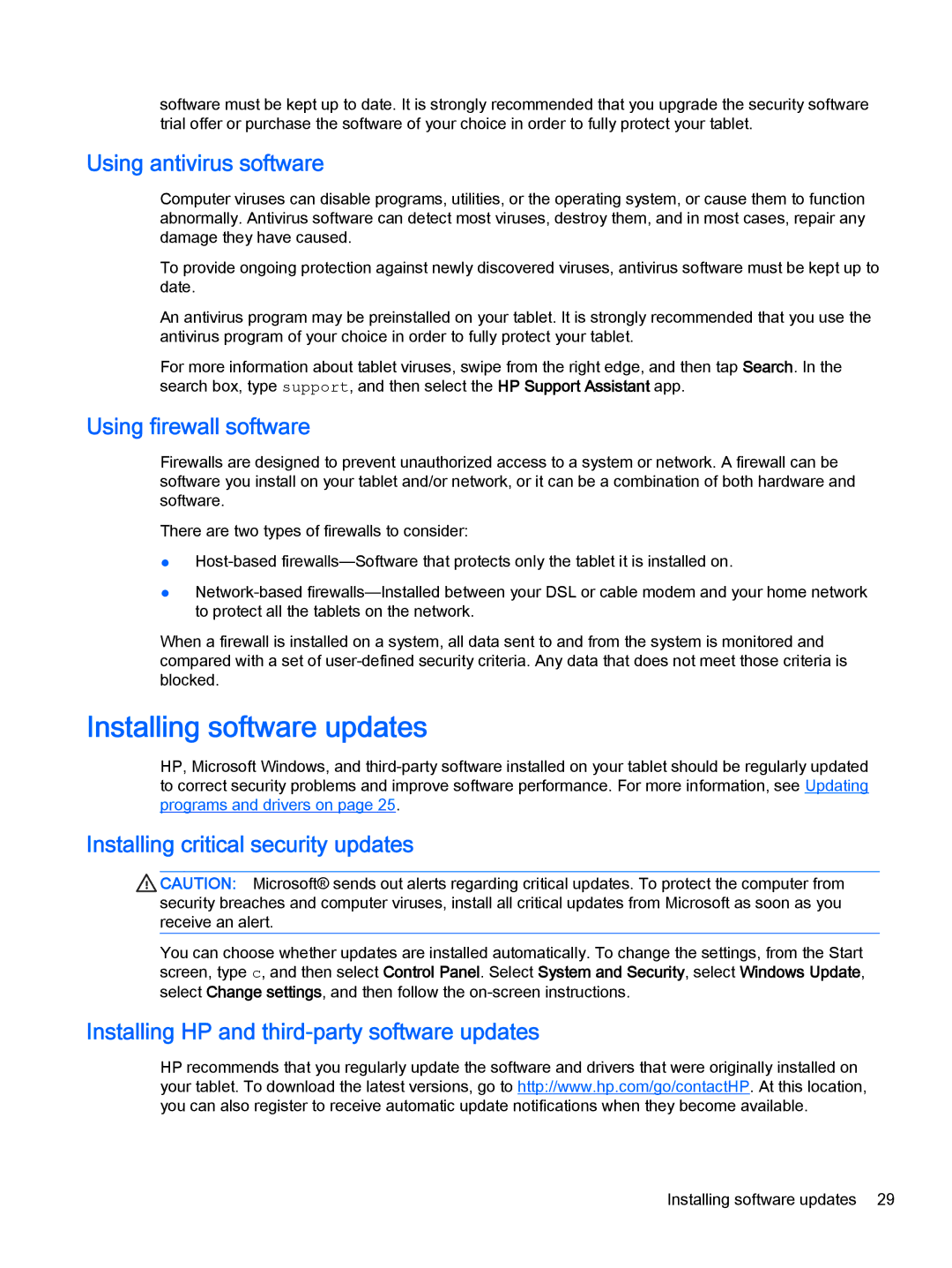 HP 610 G1 manual Installing software updates, Using antivirus software, Using firewall software 