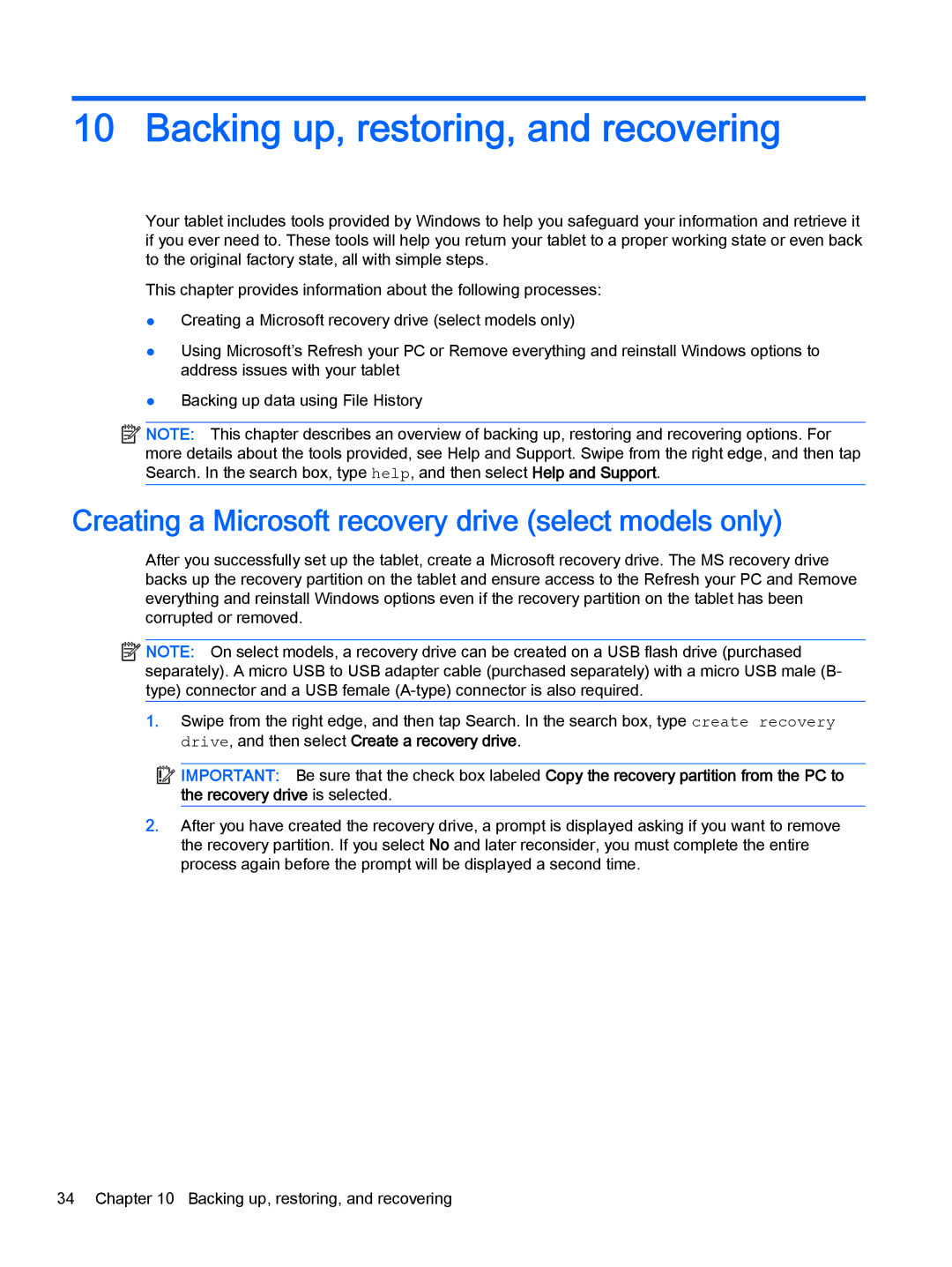 HP 610 G1 manual Backing up, restoring, and recovering, Creating a Microsoft recovery drive select models only 