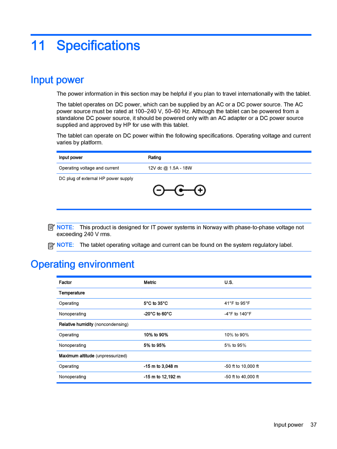 HP 610 G1 manual Specifications, Input power, Operating environment 