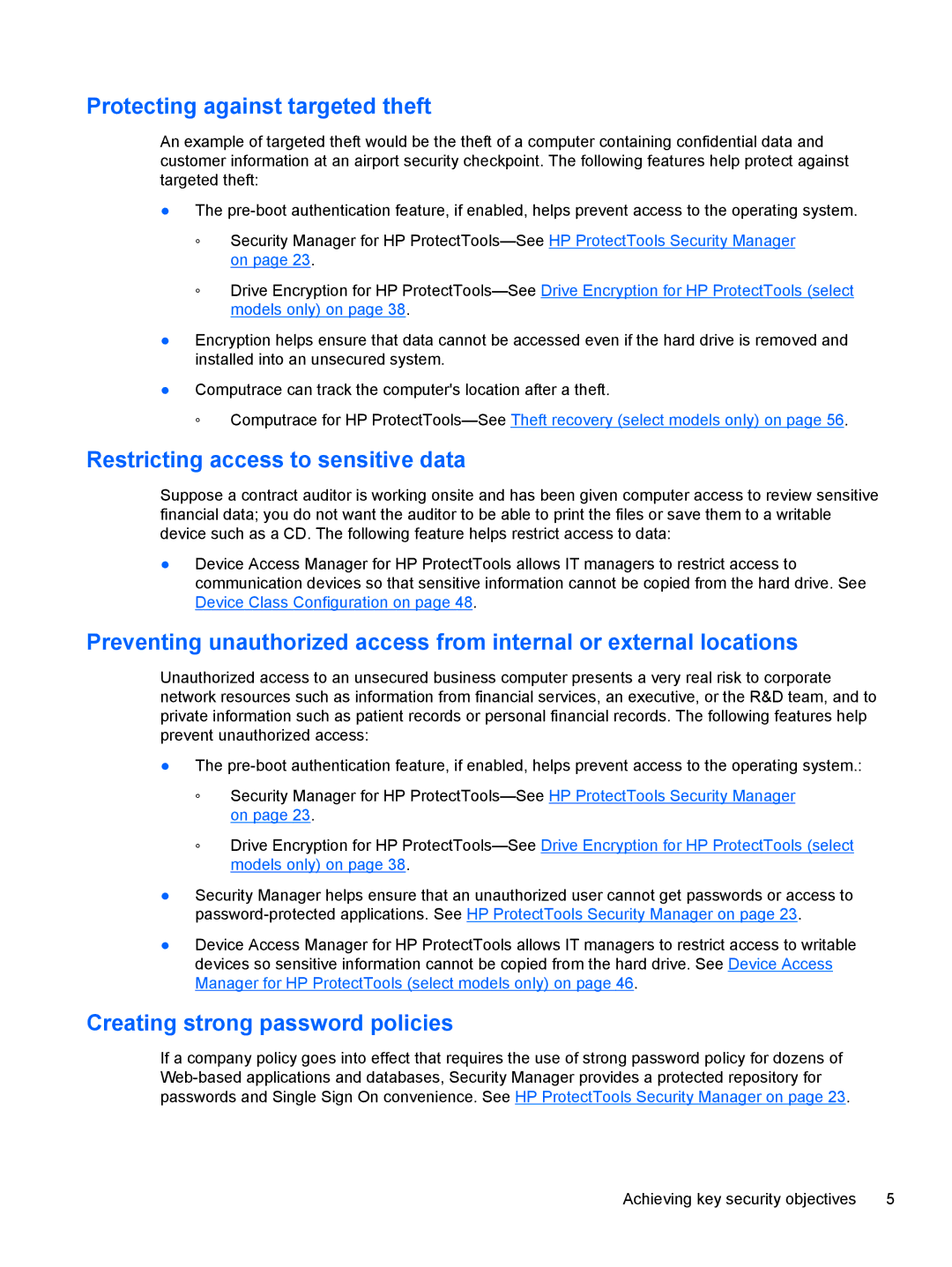 HP 610 G1 manual Protecting against targeted theft, Restricting access to sensitive data, Creating strong password policies 