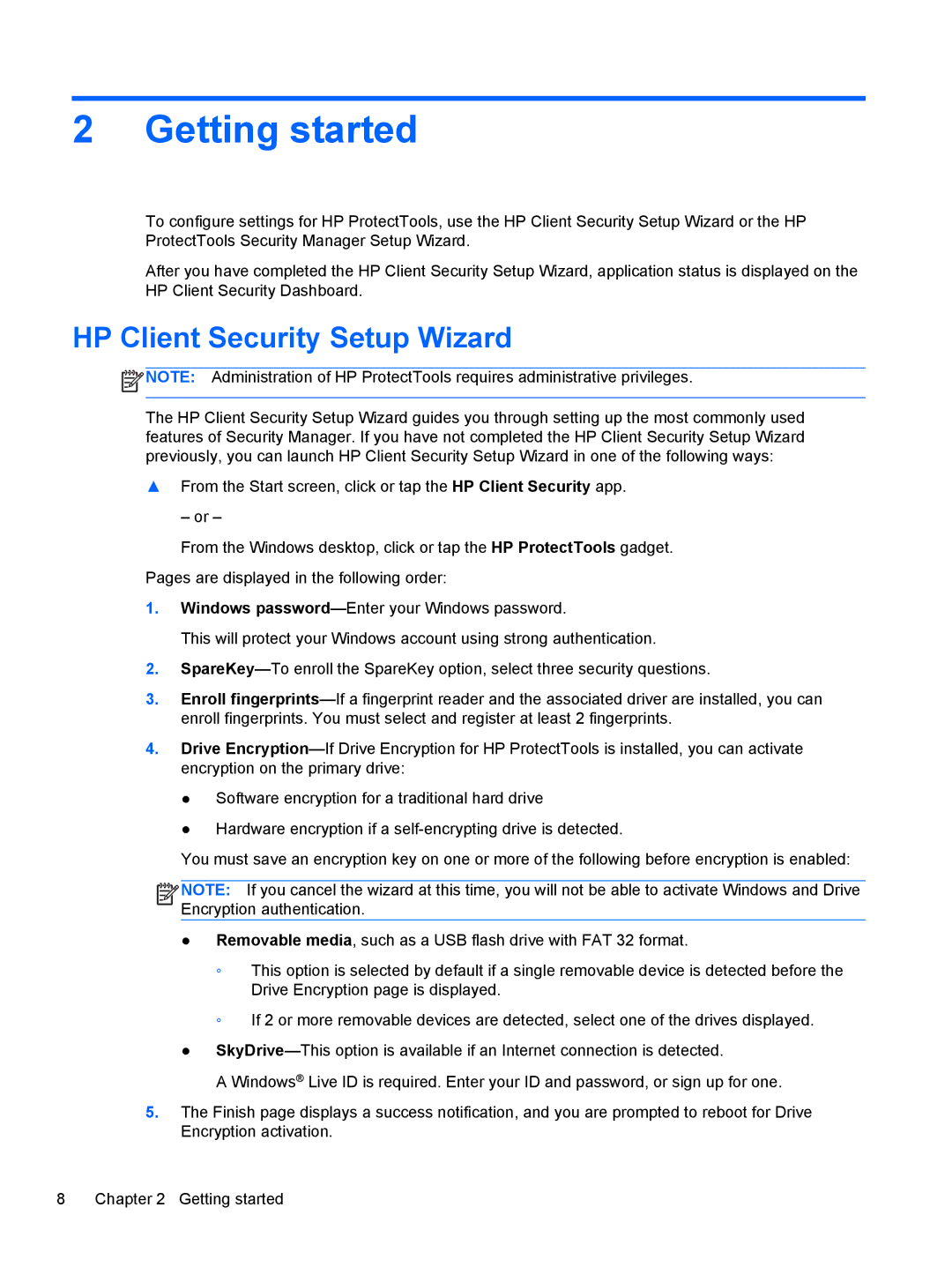 HP 610 G1 manual Getting started, HP Client Security Setup Wizard 