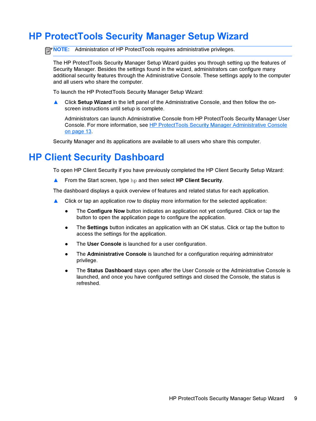 HP 610 G1 manual HP ProtectTools Security Manager Setup Wizard, HP Client Security Dashboard 