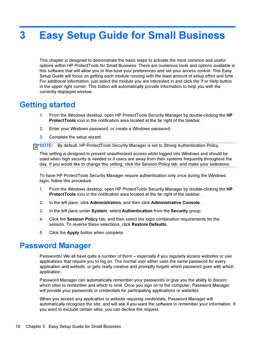 HP 610 G1 manual Easy Setup Guide for Small Business, Getting started, Password Manager 