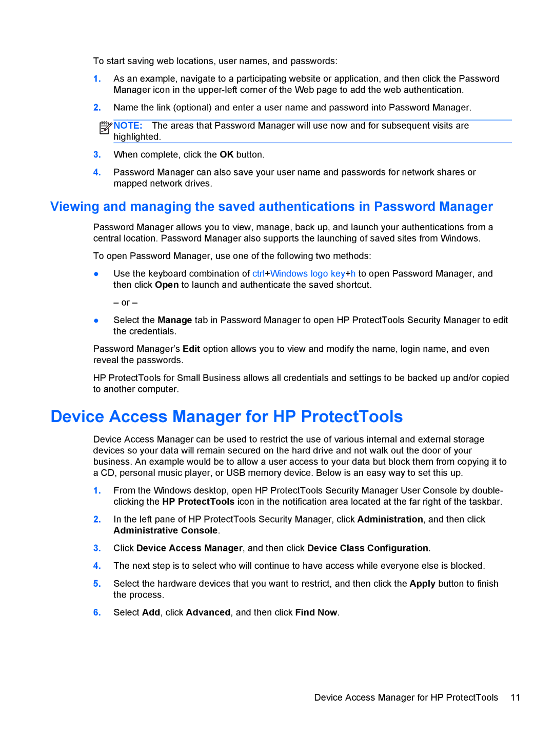 HP 610 G1 manual Device Access Manager for HP ProtectTools 