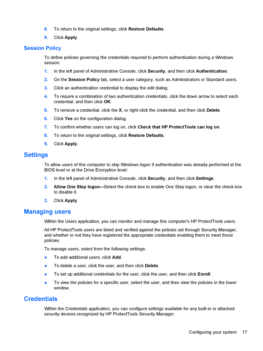 HP 610 G1 manual Settings, Managing users, Credentials, Session Policy 