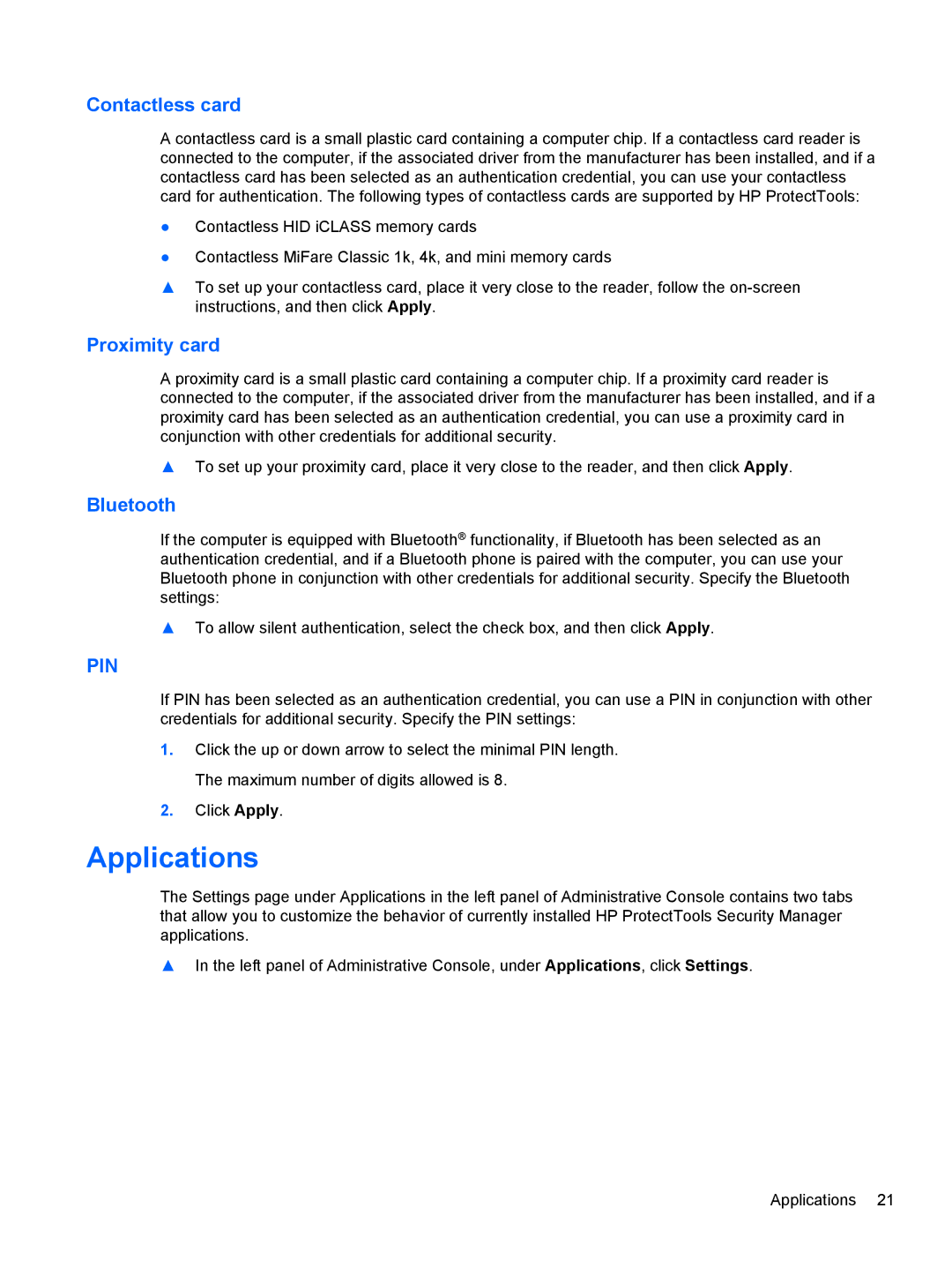 HP 610 G1 manual Applications, Contactless card, Proximity card, Bluetooth 