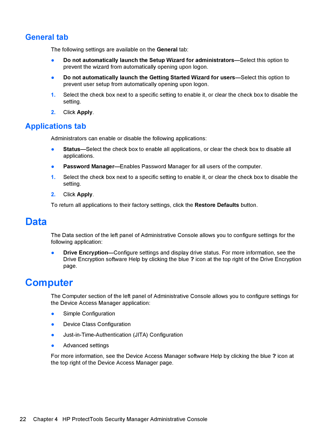 HP 610 G1 manual Data, Computer, General tab, Applications tab 