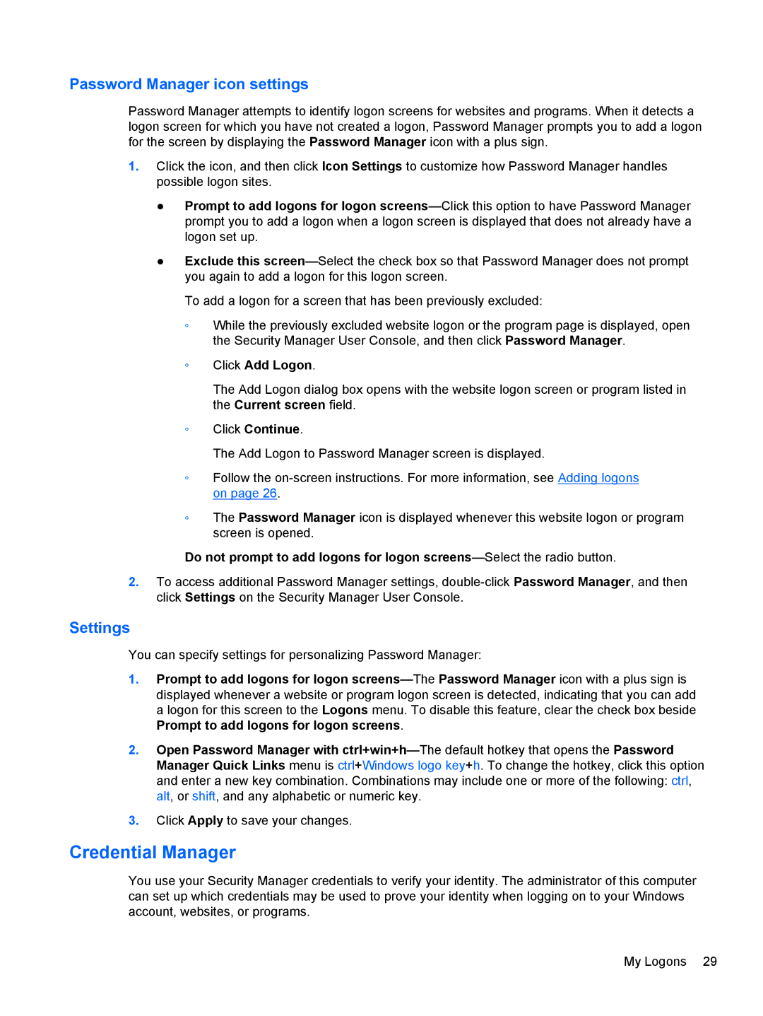 HP 610 G1 manual Credential Manager, Password Manager icon settings, Settings, Click Add Logon, Click Continue 
