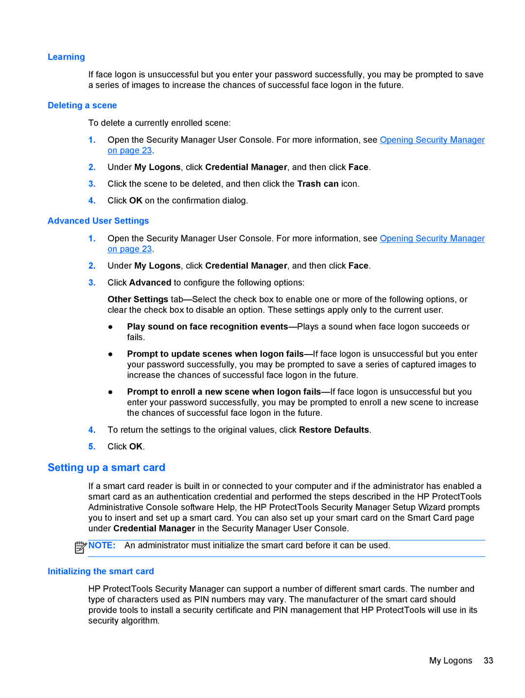 HP 610 G1 manual Setting up a smart card, Learning, Deleting a scene, Advanced User Settings 