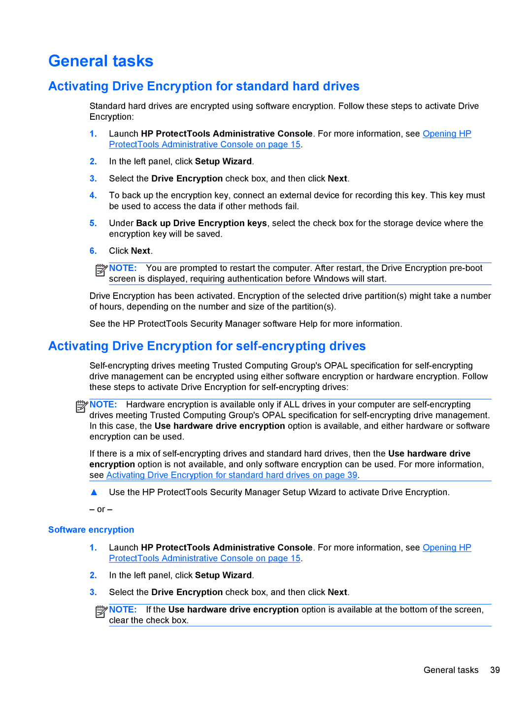 HP 610 G1 manual General tasks, Activating Drive Encryption for standard hard drives, Software encryption 