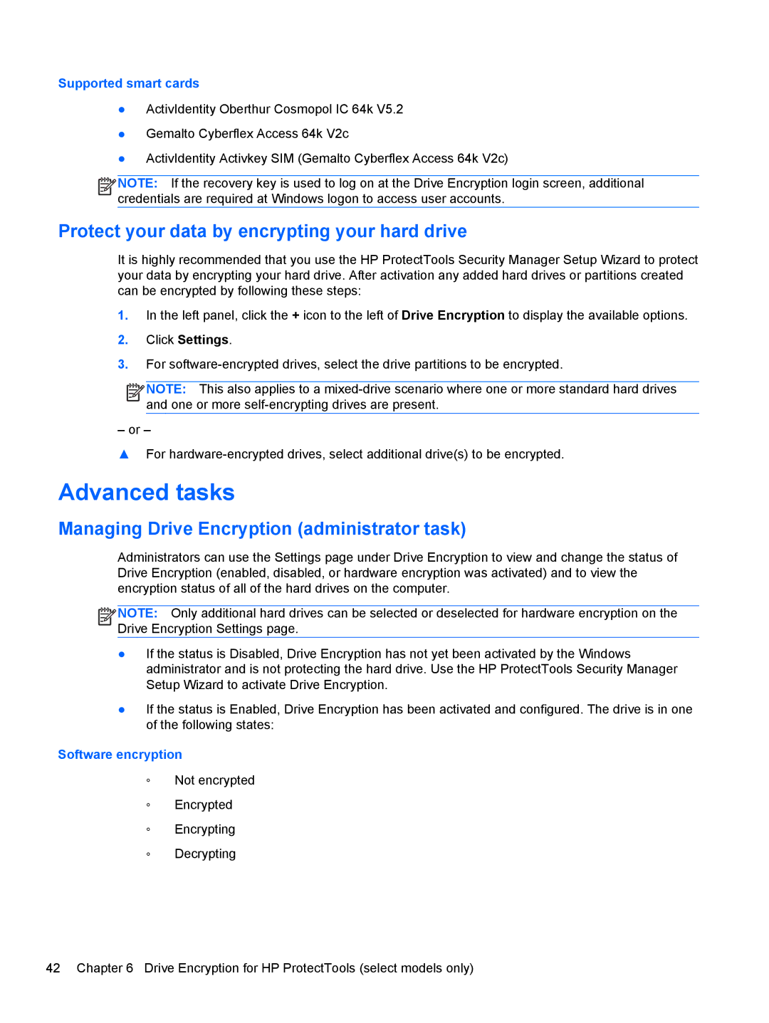 HP 610 G1 Advanced tasks, Protect your data by encrypting your hard drive, Managing Drive Encryption administrator task 