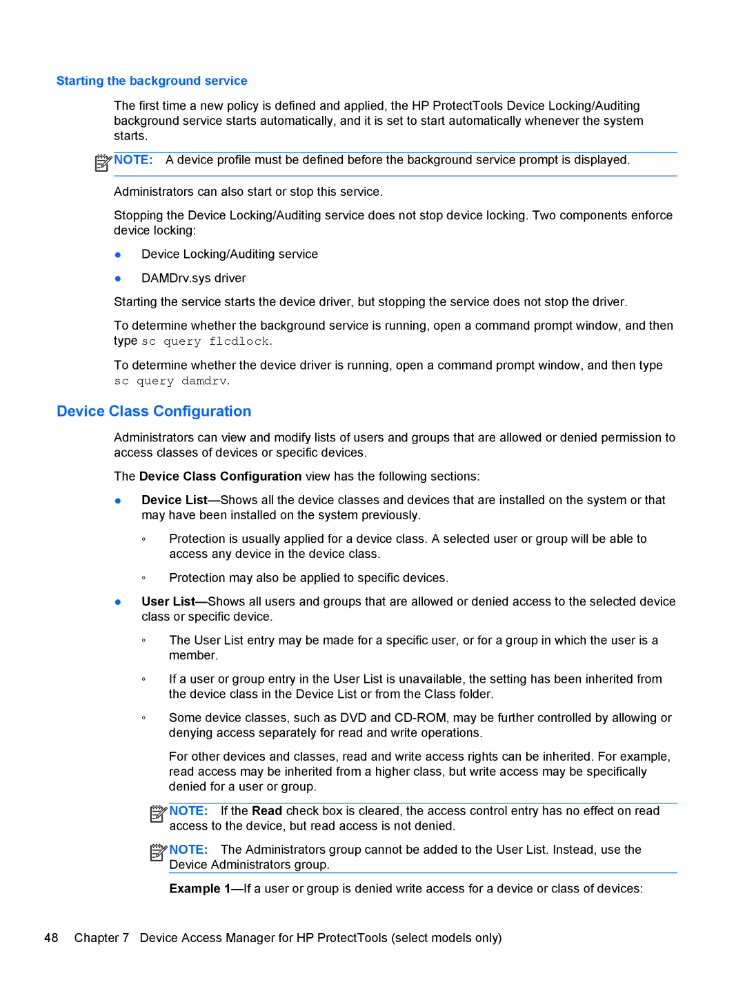 HP 610 G1 manual Device Class Configuration, Starting the background service 