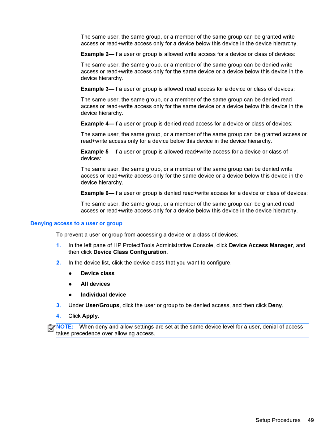 HP 610 G1 manual Denying access to a user or group, Device class All devices Individual device 