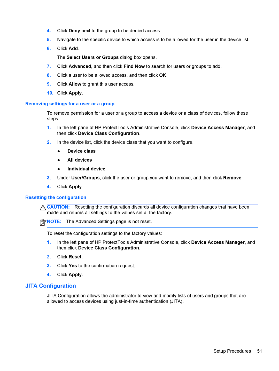 HP 610 G1 manual Jita Configuration, Removing settings for a user or a group, Resetting the configuration 