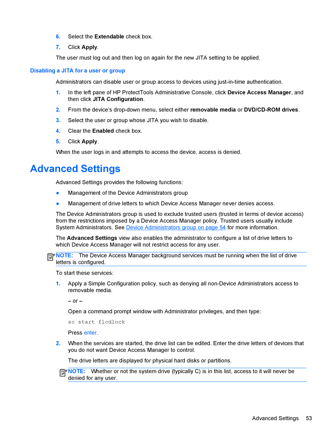 HP 610 G1 manual Advanced Settings, Disabling a Jita for a user or group 