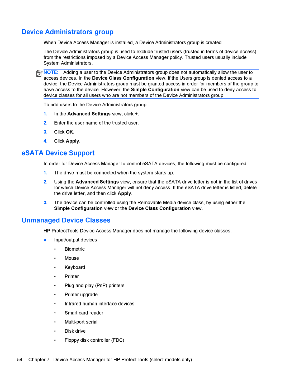 HP 610 G1 manual Device Administrators group, ESATA Device Support, Unmanaged Device Classes 