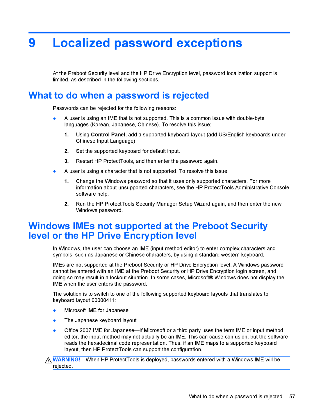 HP 610 G1 manual Localized password exceptions, What to do when a password is rejected 