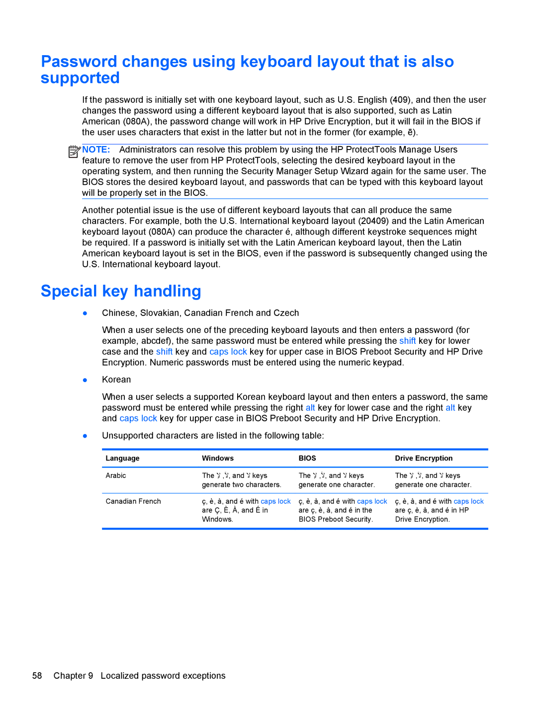 HP 610 G1 manual Special key handling, Bios 