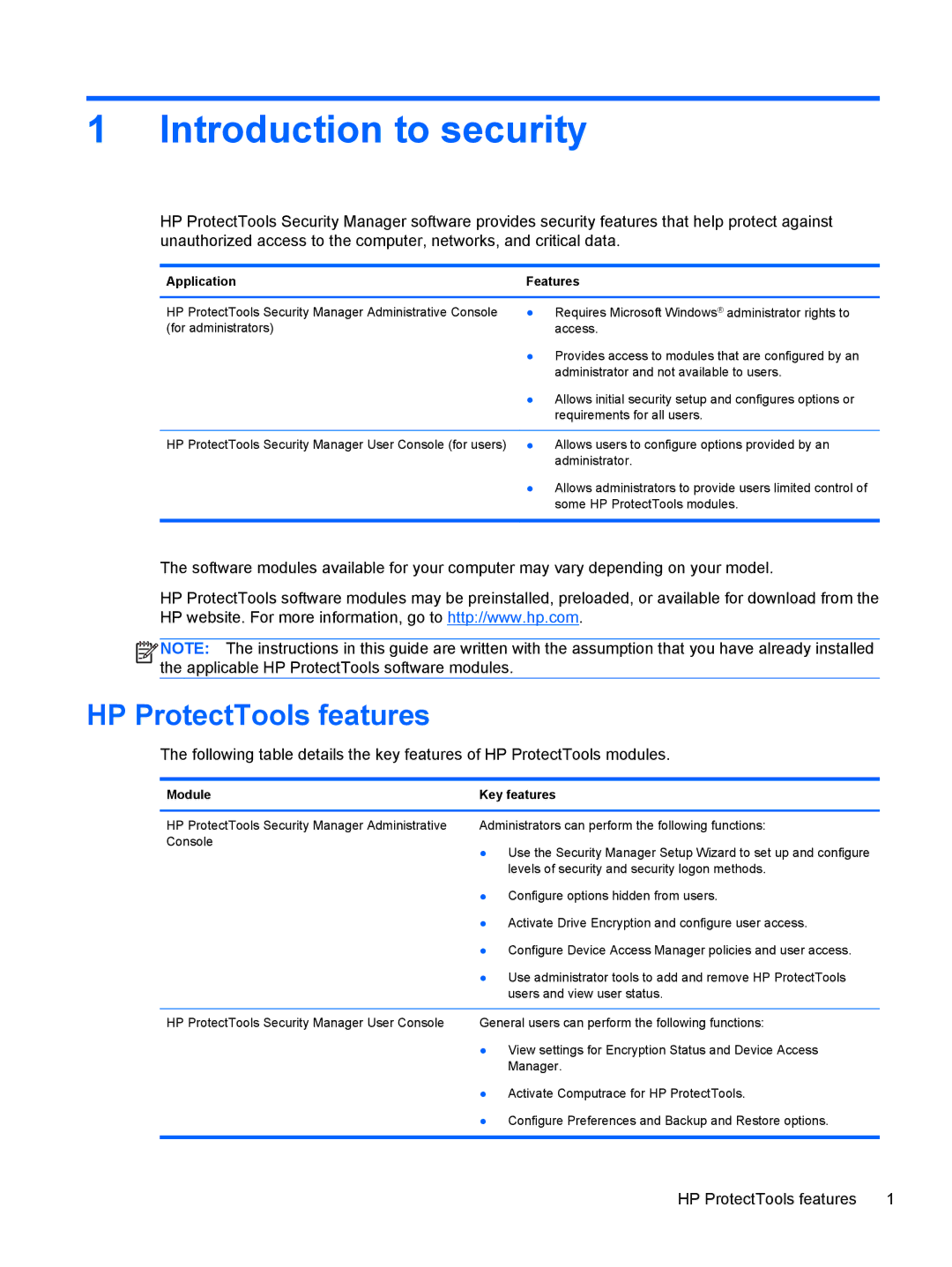 HP 610 G1 manual Introduction to security, HP ProtectTools features 