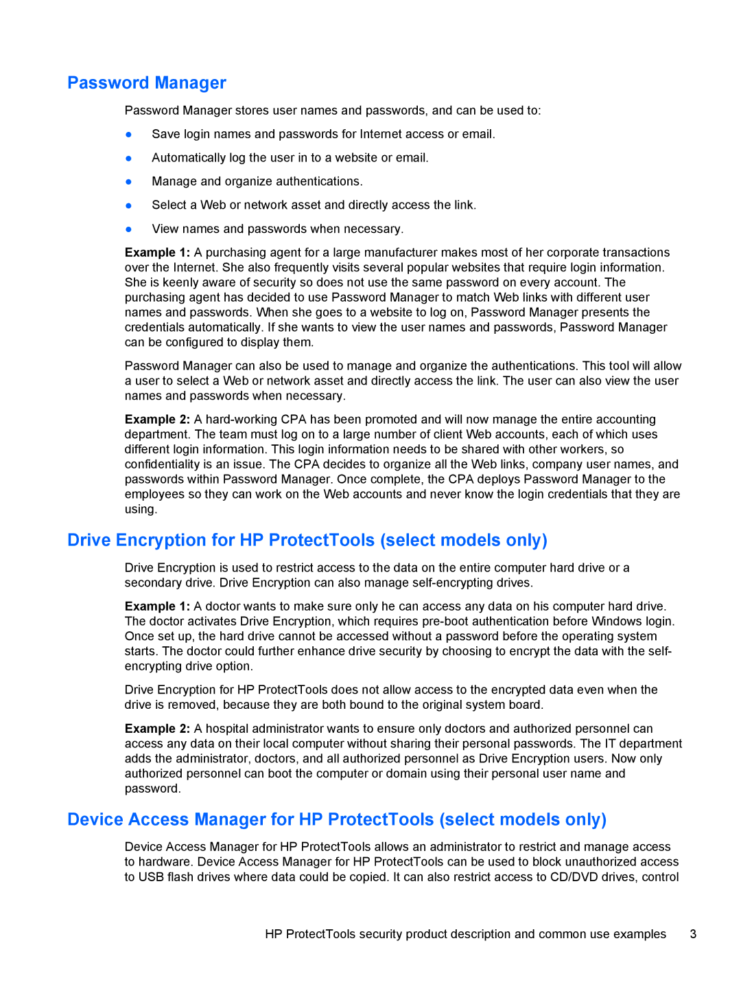 HP 610 G1 manual Password Manager, Drive Encryption for HP ProtectTools select models only 