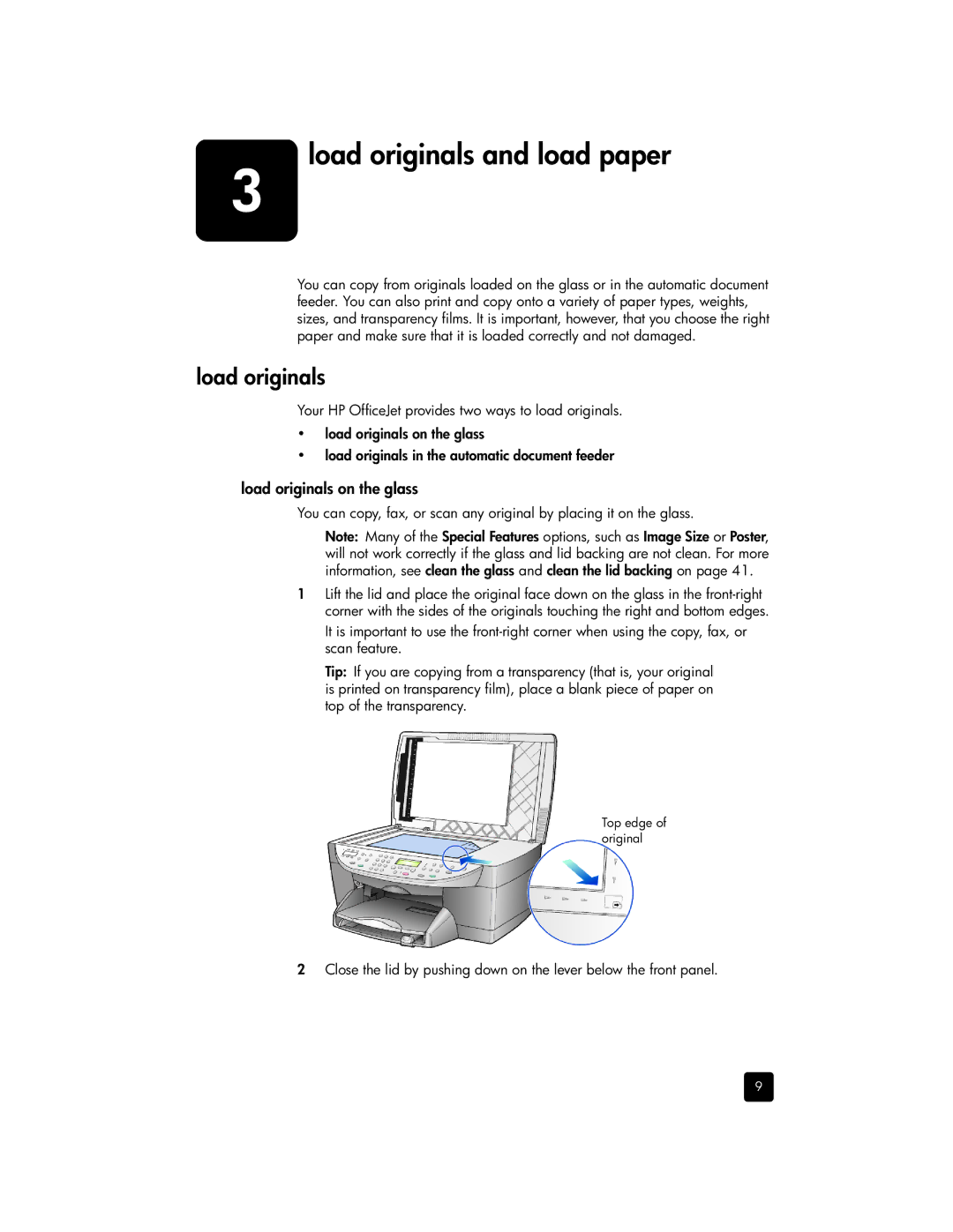 HP 6100 manual Load originals and load paper, Load originals on the glass 