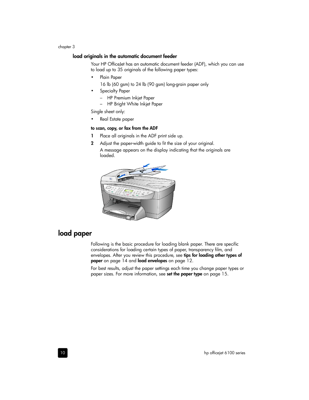 HP 6100 manual Load paper, Load originals in the automatic document feeder 