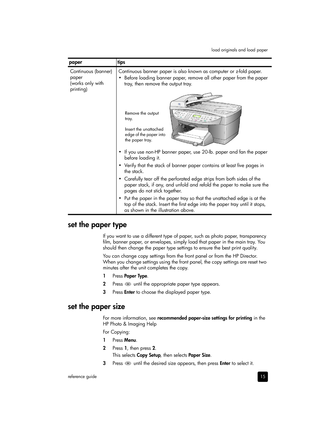 HP 6100 manual Set the paper type, Set the paper size 