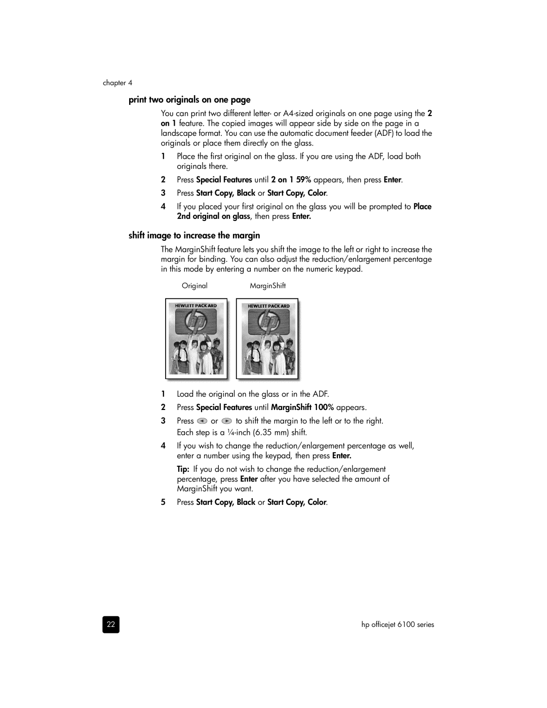 HP 6100 manual Print two originals on one, Shift image to increase the margin 