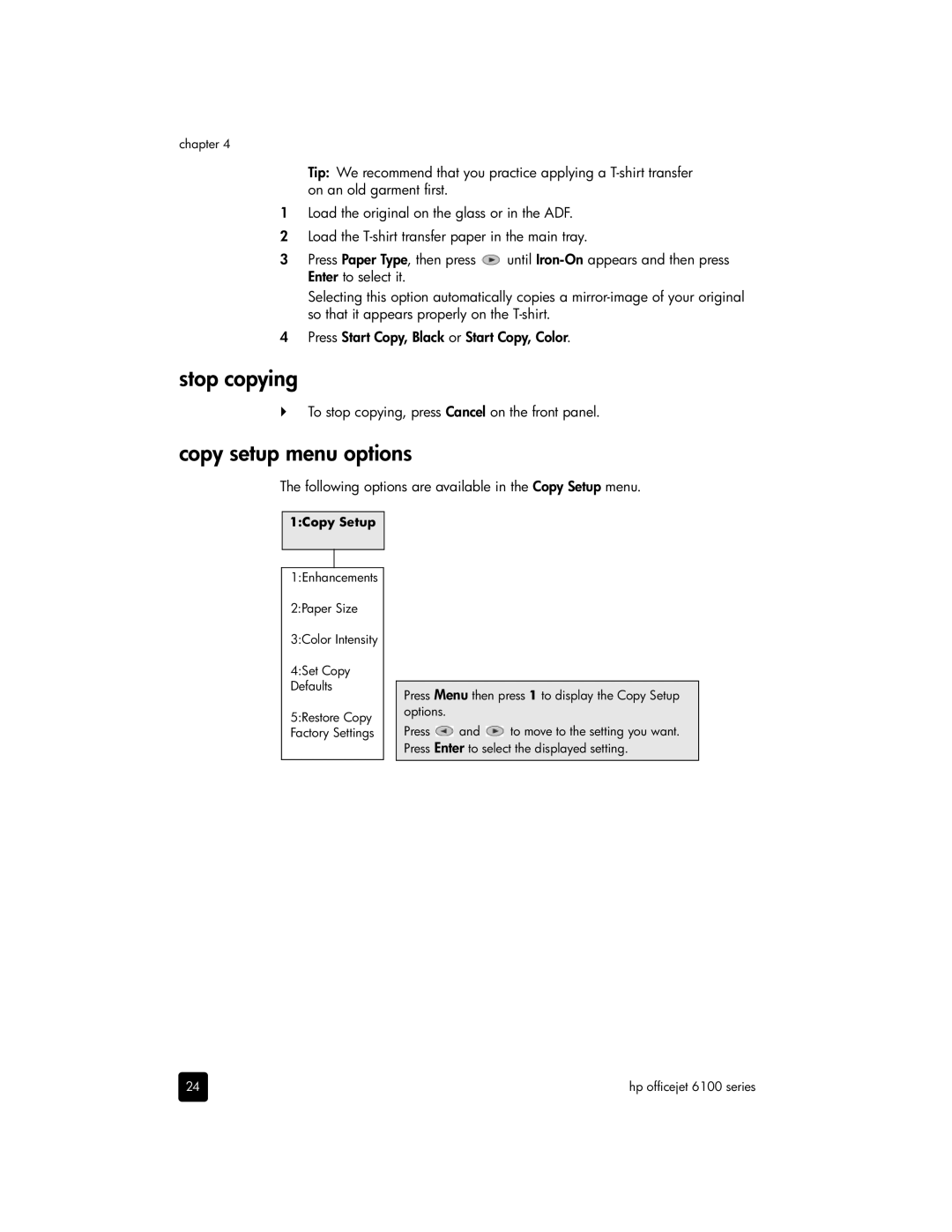 HP 6100 manual Stop copying, Copy setup menu options 