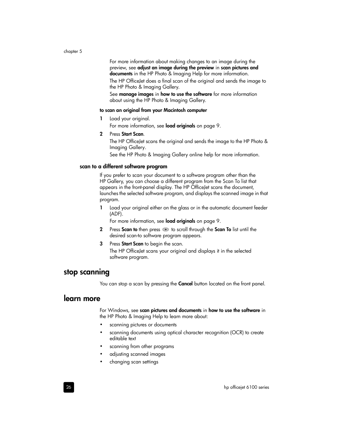 HP 6100 manual Stop scanning, Learn more, Scan to a different software program 