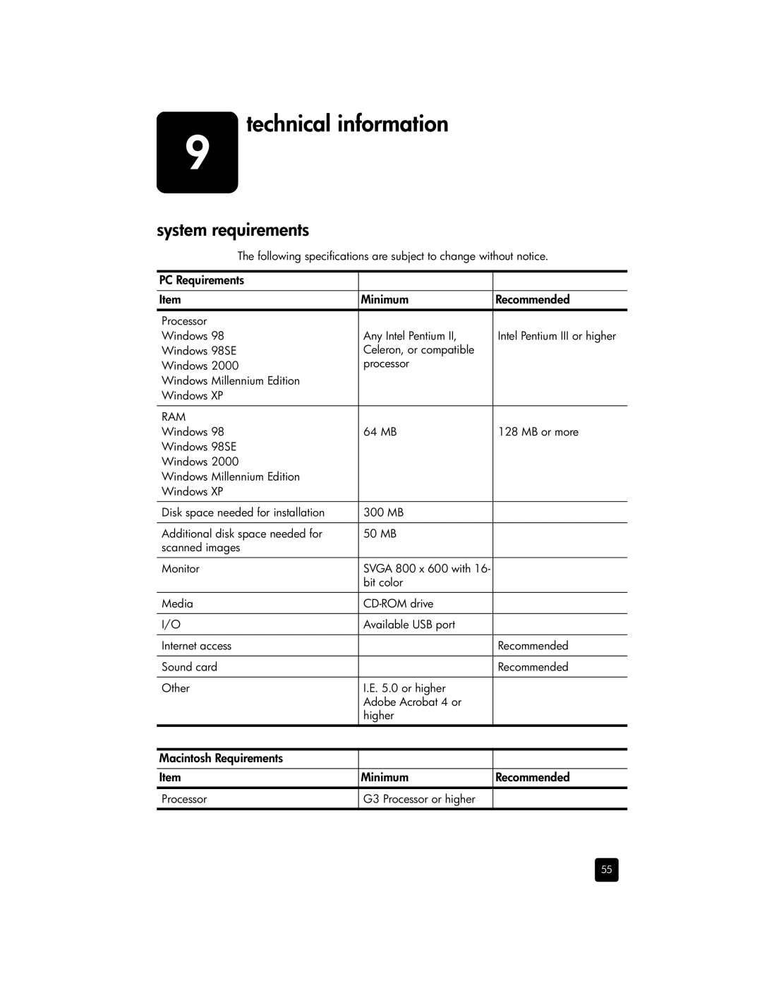 HP 6100 manual Technical information, System requirements, PC Requirements Minimum Recommended 