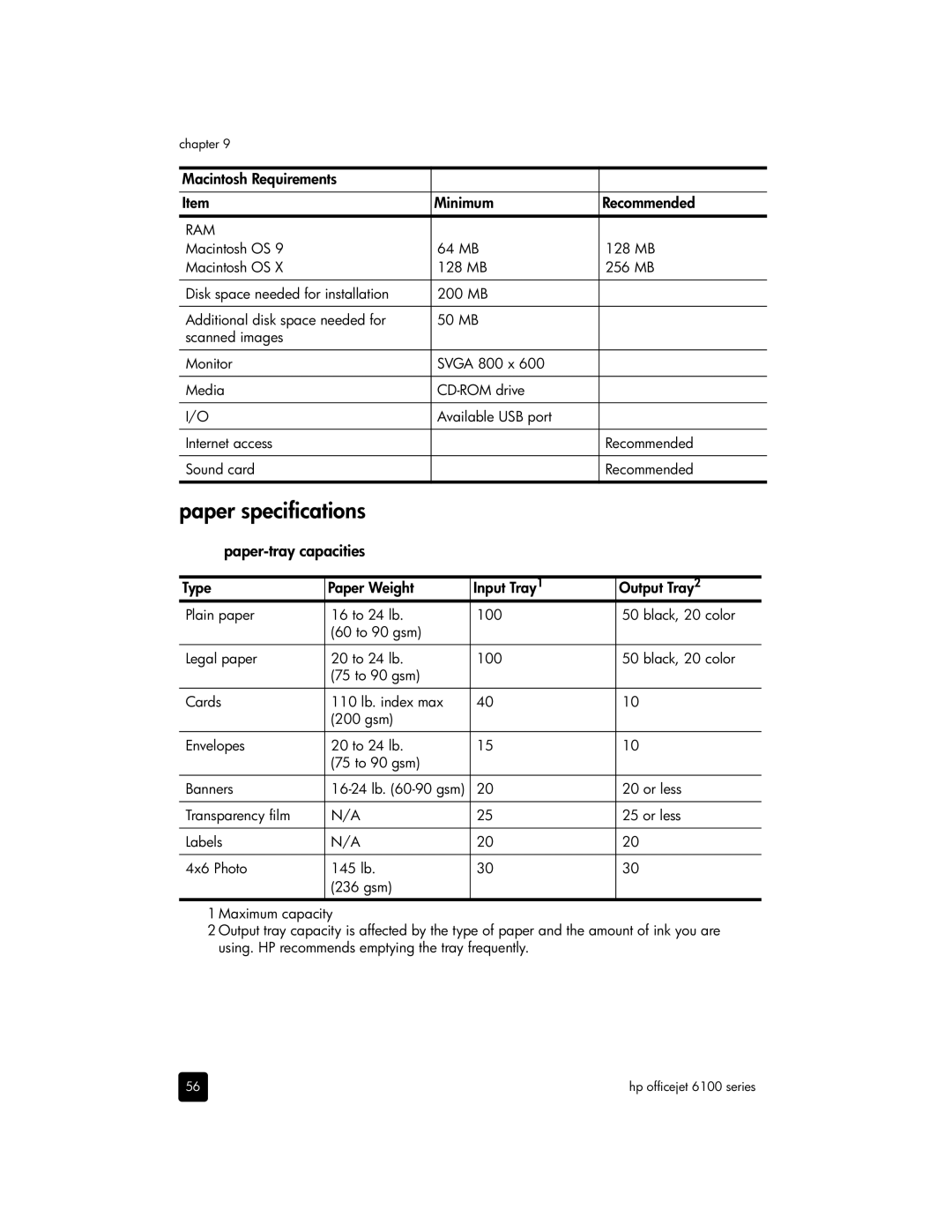 HP 6100 manual Paper specifications 