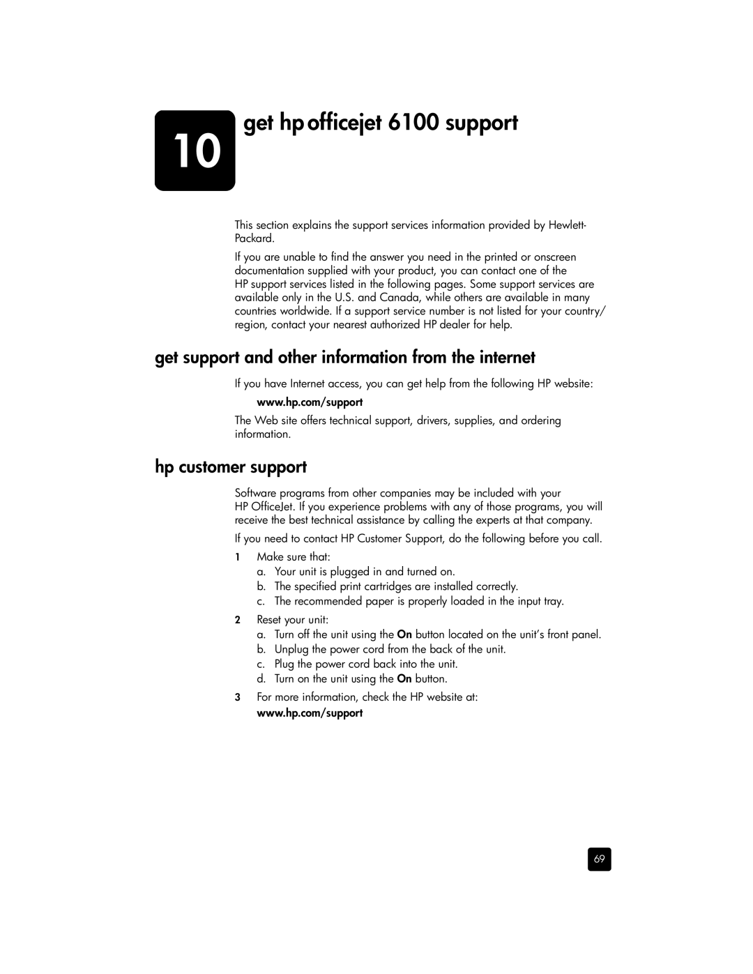 HP manual Get hp officejet 6100 support, Get support and other information from the internet, Hp customer support 