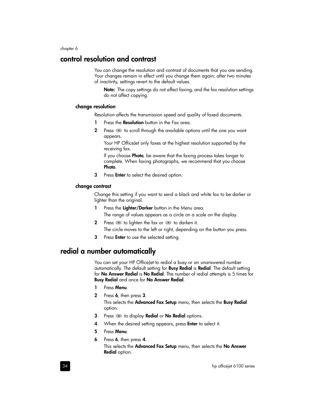 HP 6100 manual Control resolution and contrast, Redial a number automatically, Change resolution, Change contrast 