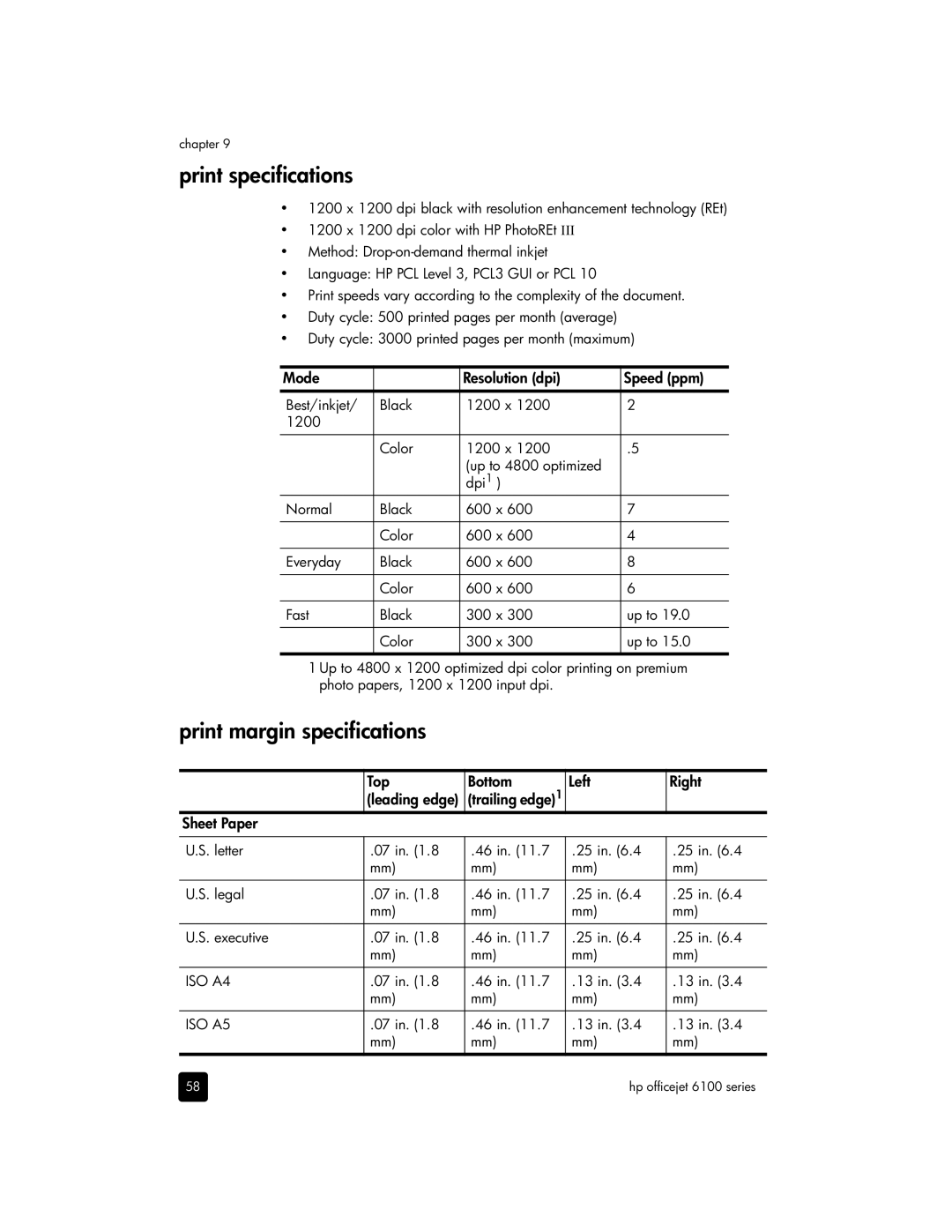 HP 6100 manual Print specifications, Print margin specifications, Mode Resolution dpi Speed ppm 