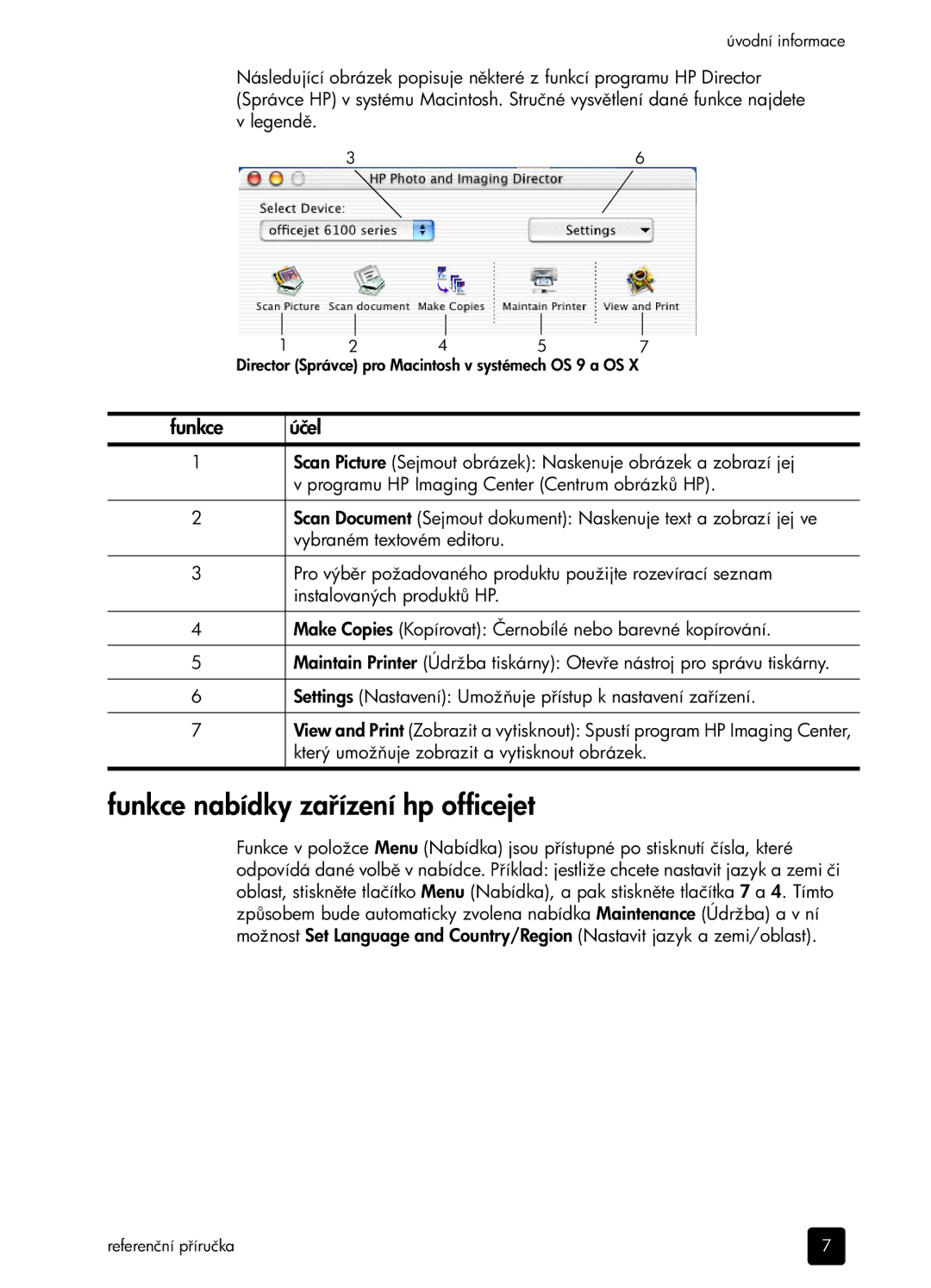 HP 6100 manual Funkce nabídky zaení hp officejet 