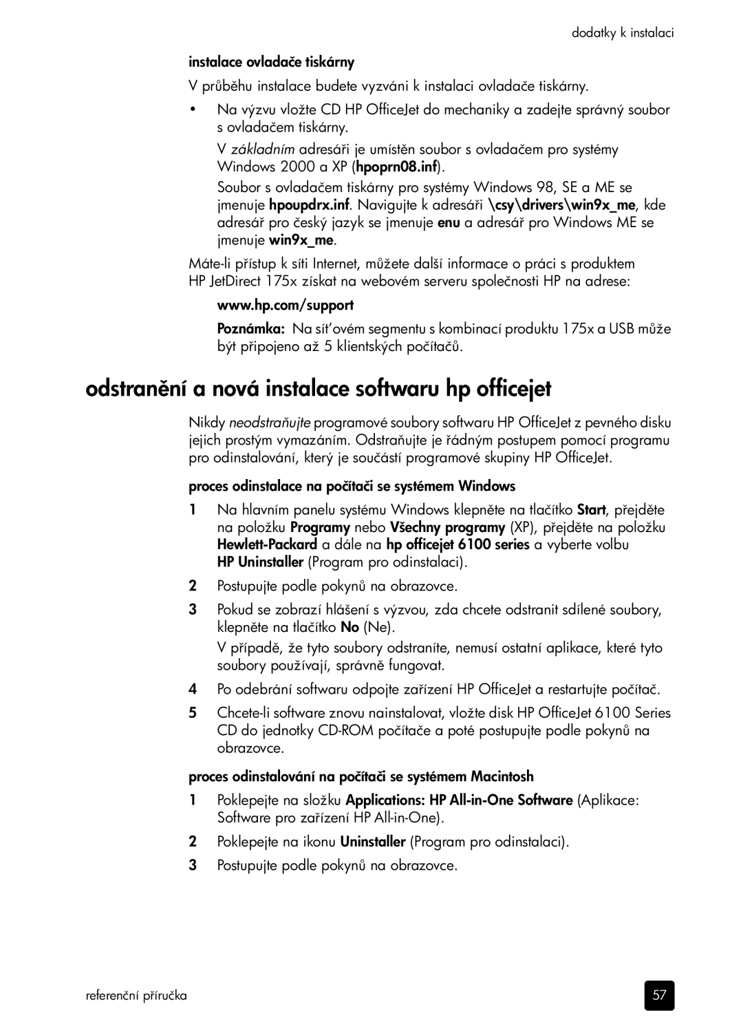 HP 6100 manual Odstrannová instalace softwaru hp officejet 