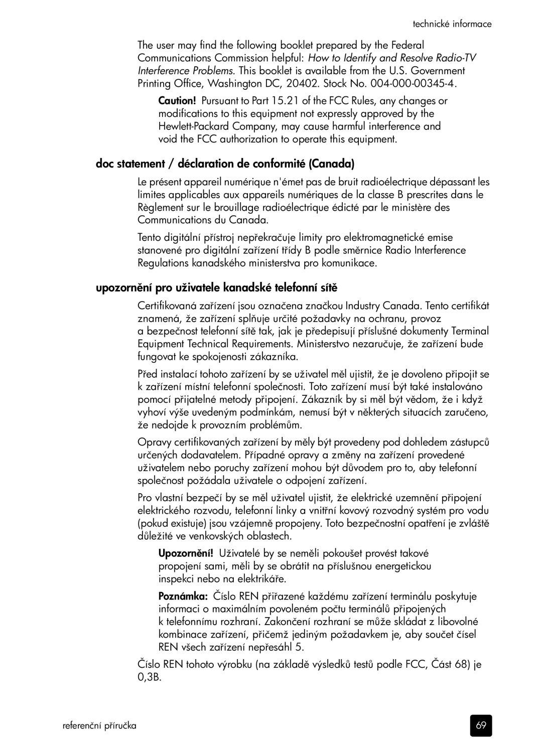 HP 6100 manual Doc statement / déclaration de conformité Canada, Upozorno uživatele kanadské telefonní sít 