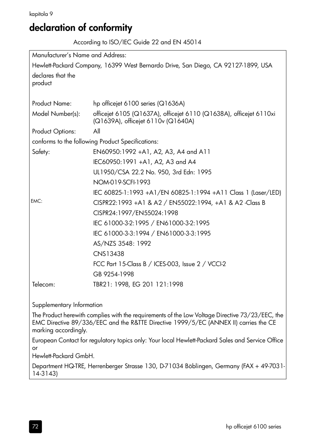 HP 6100 manual Declaration of conformity 